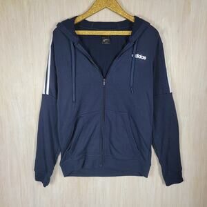 Adidas Blue 3 Stripe Full Zip French Terry Hoodie Active Jacket Sweater Medium